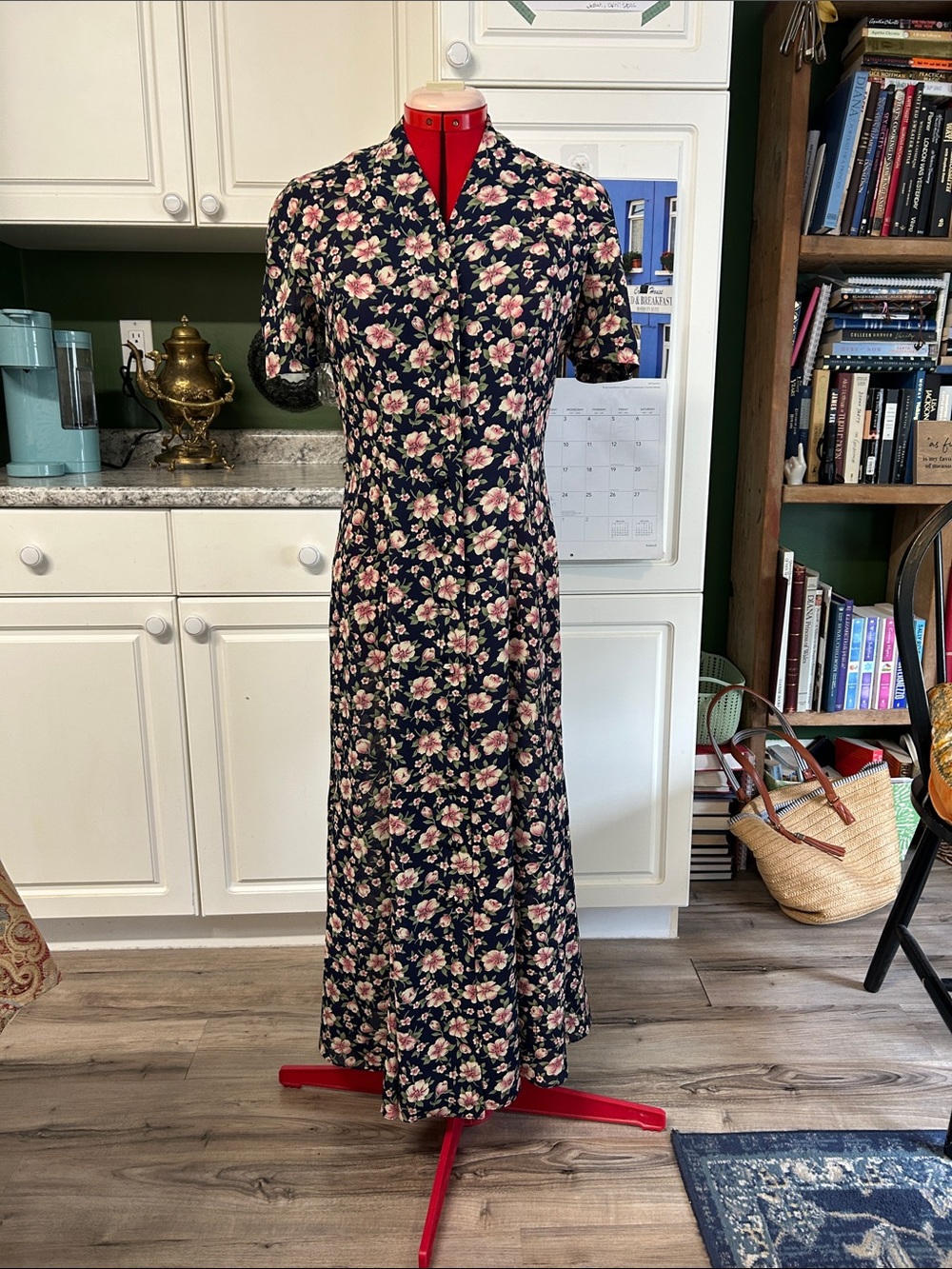 Navy Floral Maxi Dress with Pink Blossoms